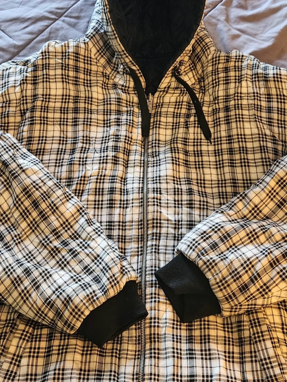 Reversible Plaid Hooded Jacket - Black and Cream One Side. Black On The Other